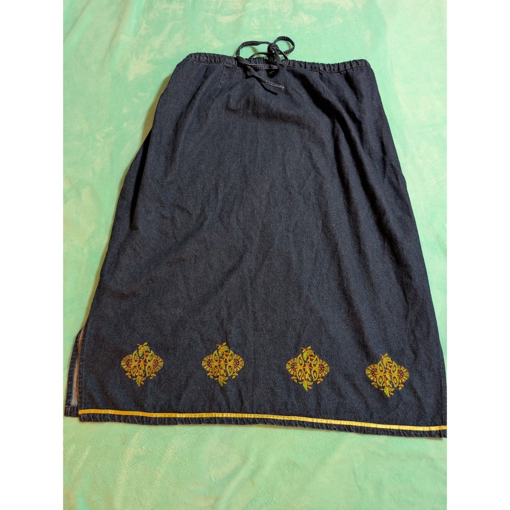 Maxi Dark Denim Jean Skirt Elastic Waist VTG Plus 28 Embroidered w Slit Boho